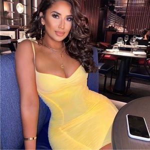 HOUSE OF CB 'Rosa' Lemon Mesh Ruched Mini Dress NWOT